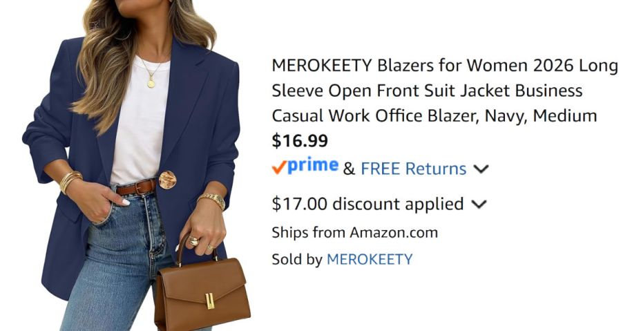 woman wearing navy blazer next to Amazon pricing information