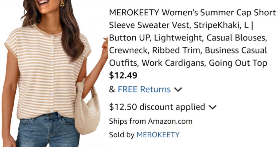 woman wearing striped sweater next to Amazon pricing information