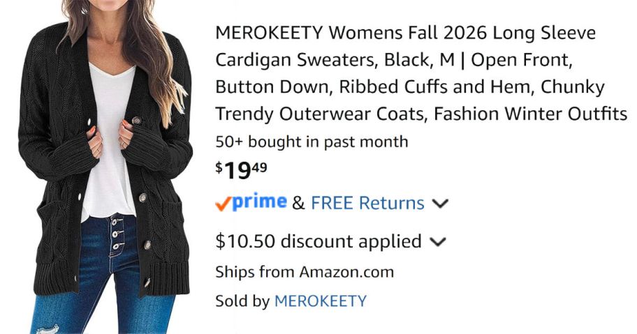 woman wearing black sweater next to Amazon pricing information