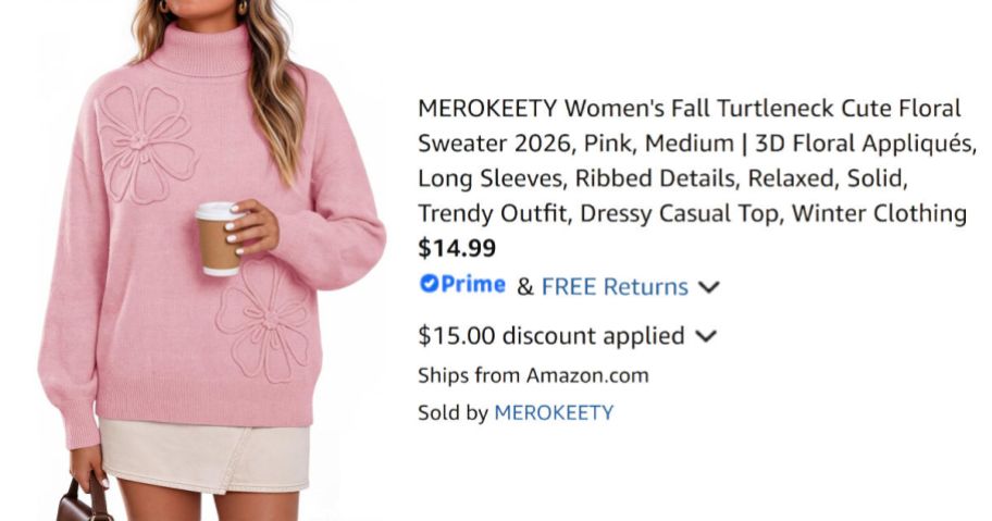 woman wearing pink sweater next to Amazon pricing information