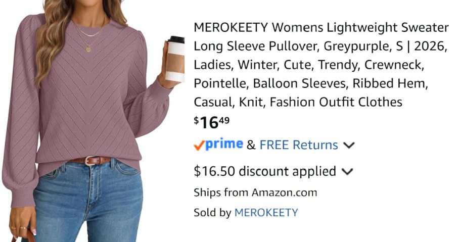 woman wearing purple sweater next to Amazon pricing information