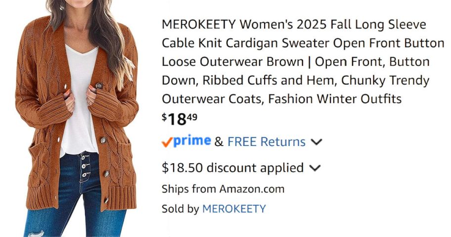 woman wearing rust colored cardigan next to Amazon pricing information