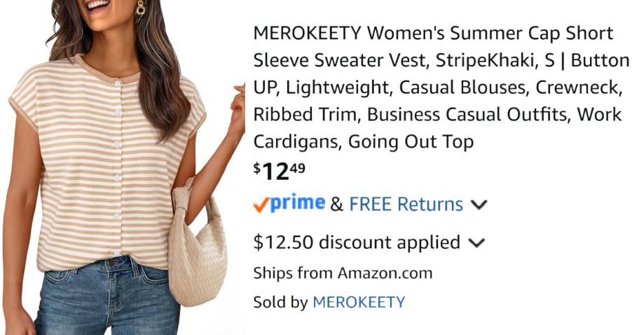 woman wearing striped cardigan next to Amazon pricing information