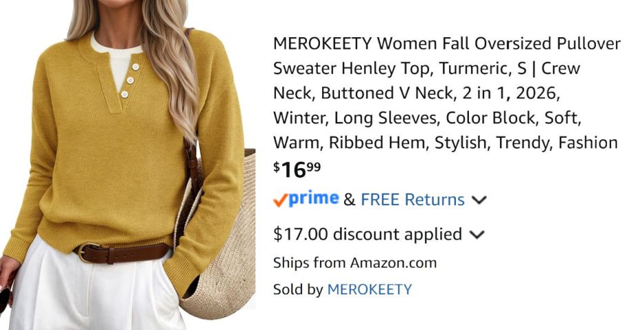 woman wearing yellow sweater next to Amazon pricing information