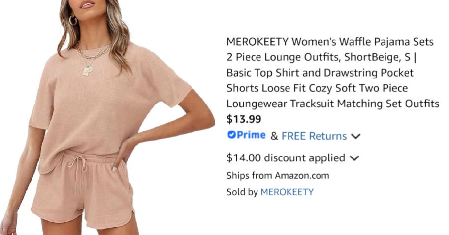 woman wearing beige outfit next to Amazon pricing information