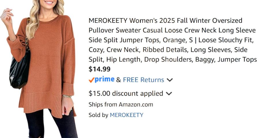 woman wearing orange sweater next to Amazon pricing information