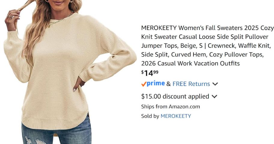 woman wearing beige sweater next to Amazon pricing information