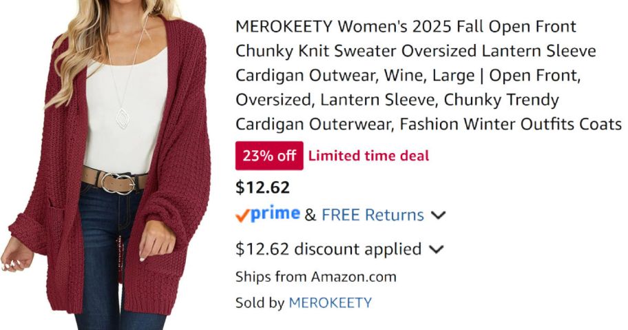 woman wearing red cardigan sweater next to Amazon pricing information