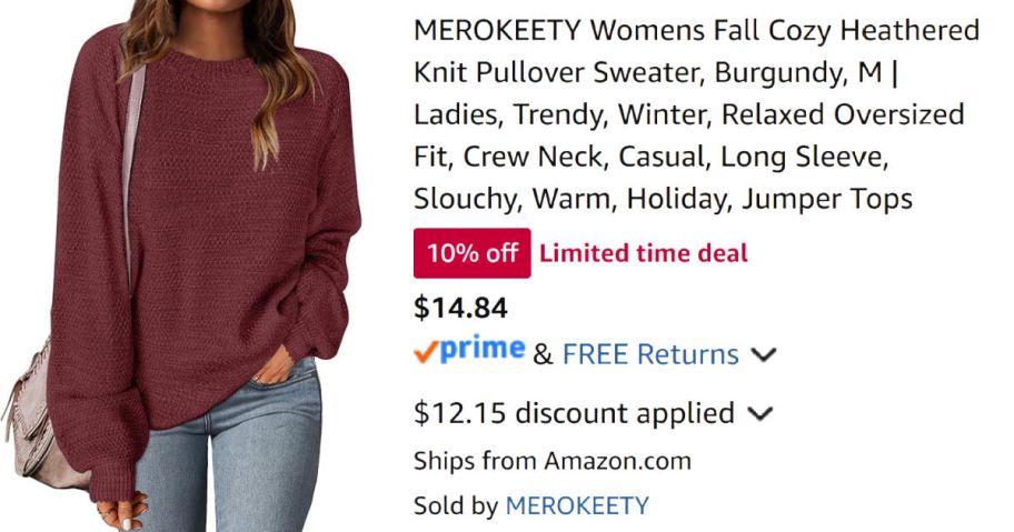 woman wearing red sweater next to Amazon pricing information