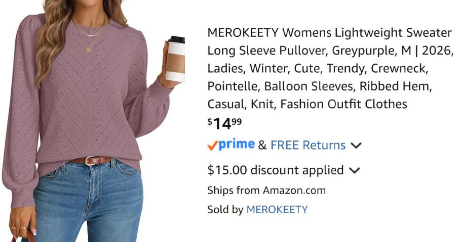 woman wearing purple sweater next to Amazon pricing information
