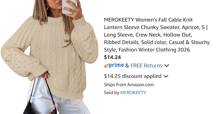 woman wearing beige sweater next to Amazon pricing information