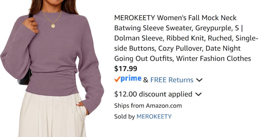 woman wearing purple sweater next to Amazon pricing information