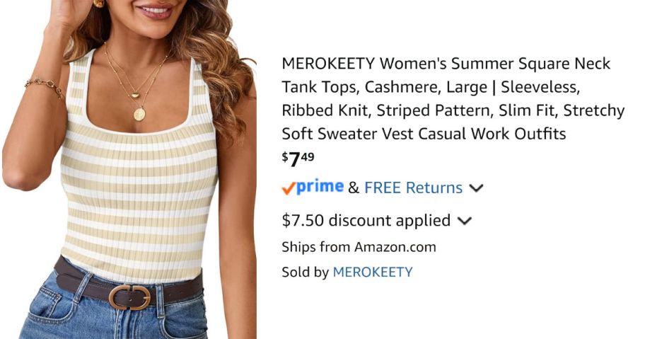 woman wearing tank top next to Amazon pricing information