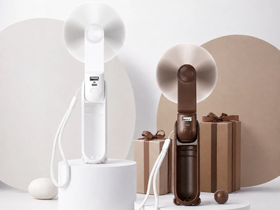 white and brown handhelf fans