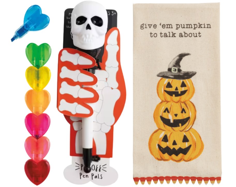 stackable markers, skull pen and pumpkin stack hand towel