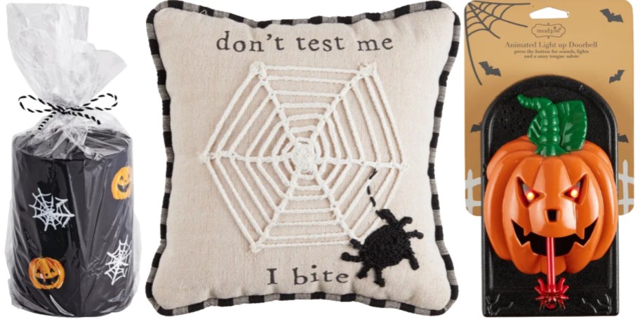 halloween candle, spider bite pillow and doorbell