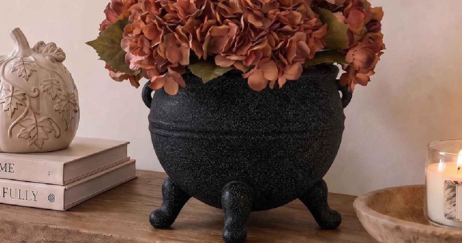 black planter with orange mum on table