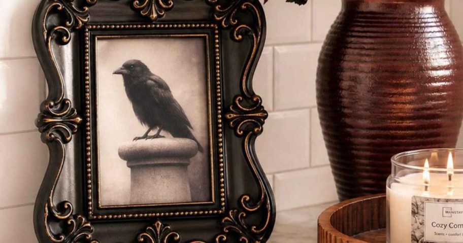 picture of raven in black frame on tabletop
