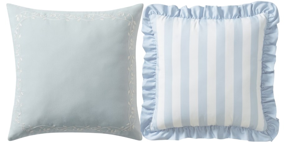 embroidered and striped outdoor pillows