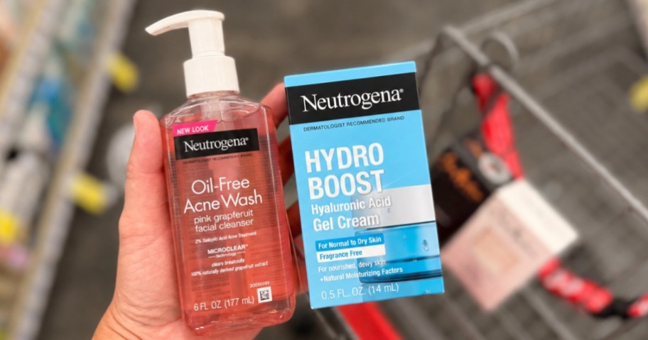 hand holding a Neutrogena face wash and Hydro Boost Cream