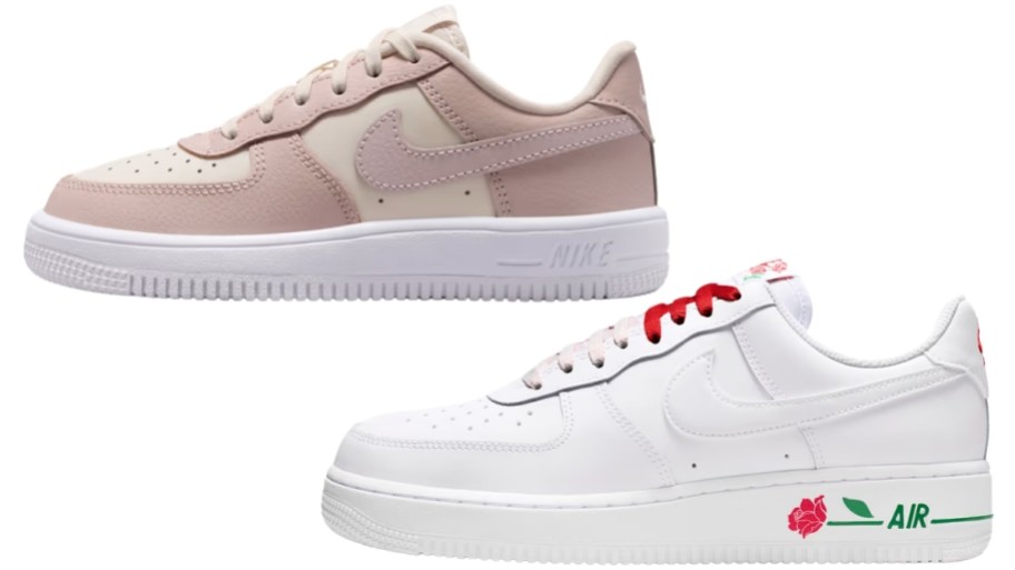 pink kids air force 1 and white and red womens air force 1 shoes