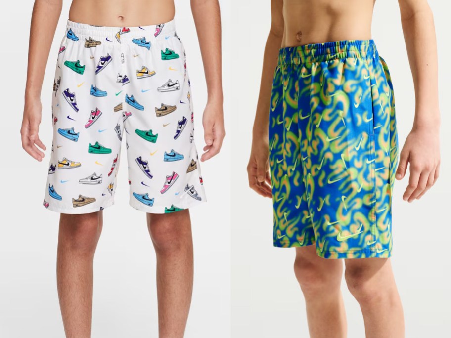 boys wearing white and green/blue swim shorts