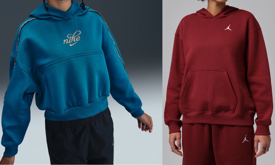 Two Nike hooded sweatshirts displayed side by side, featuring a cropped teal hoodie with gold cursive piping and script logo on the left, and a maroon Jordan brand hoodie with a front kangaroo pocket and matching pants on the right.