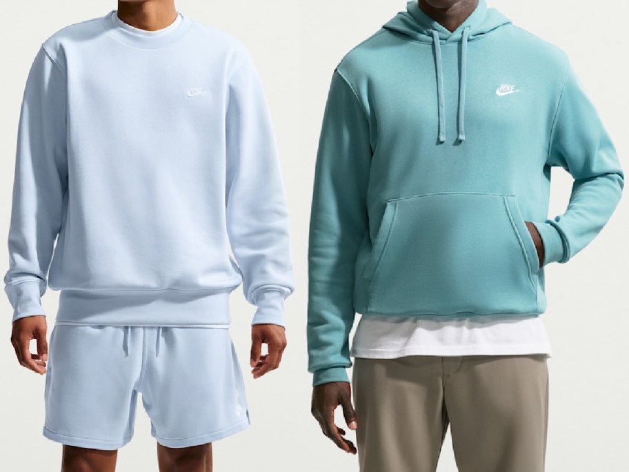 Two Nike outfits worn by models, featuring a light blue crewneck sweatshirt with matching shorts on the left and a teal hooded sweatshirt with a kangaroo pocket paired with khaki pants on the right.