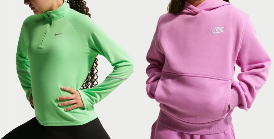 girls wearing green and pink tops