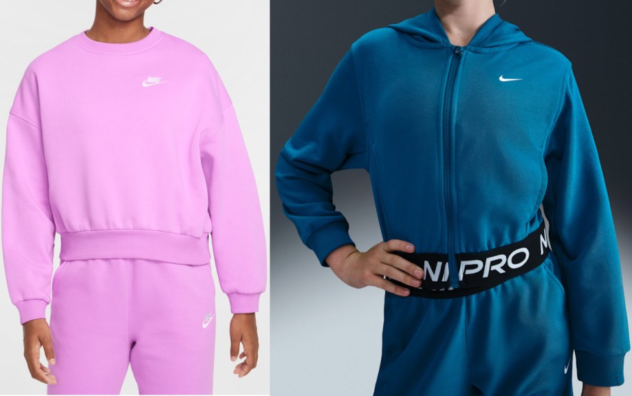 Two Nike athletic outfits worn by models, featuring a pink crewneck sweatshirt and matching pants on the left, and a teal full-zip hoodie paired with pants featuring a prominent black elastic waistband on the right.