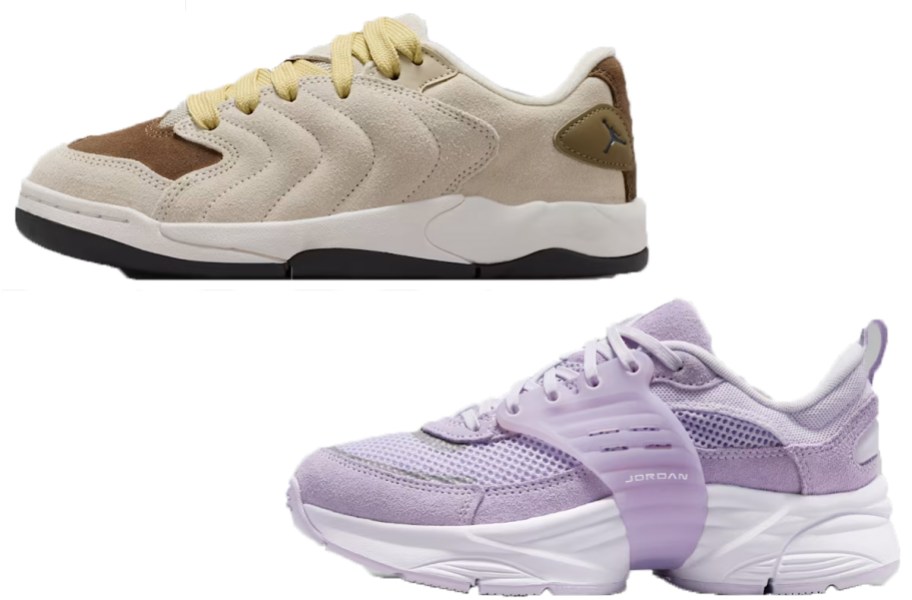 tan and purple jordan shoes