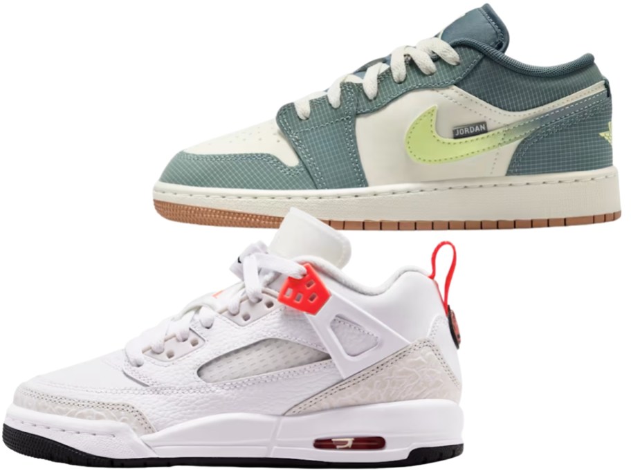 a green and white Nike Jordan low shoes and a white, pink, and red Nike Jordan shoe
