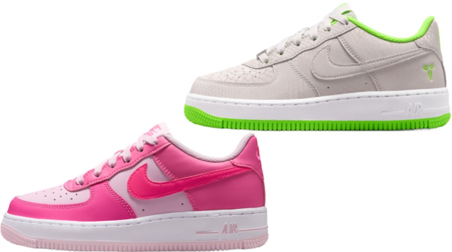 Two pairs of kids' Nike sneakers shown side by side, featuring a light grey sneaker with bright green neon trim and outsole on the top right, and a vibrant pink and light pink sneaker with a white midsole on the bottom left.