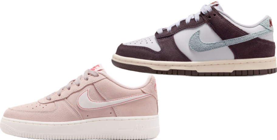 Two pairs of kids' Nike sneakers shown side by side, featuring a soft pink suede sneaker with a white swoosh on the bottom left, and a white sneaker with dark brown suede overlays and a textured light blue swoosh on the top right.