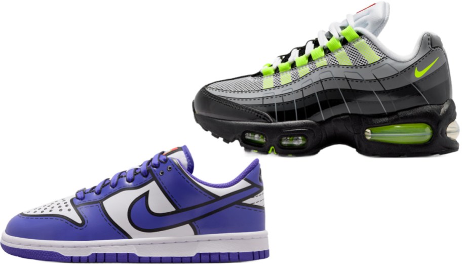 Two pairs of kids' Nike sneakers shown side by side, featuring a white and purple sneaker with cartoon-style black outlines on the bottom left, and a black and grey sneaker with neon green accents and air units on the top right.