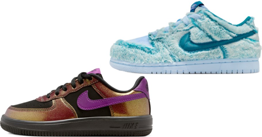 Two pairs of kids' Nike sneakers shown side by side, featuring a black sneaker with iridescent red-and-gold overlays and a purple swoosh on the bottom left, and a fuzzy light blue textured sneaker with a teal swoosh on the top right.