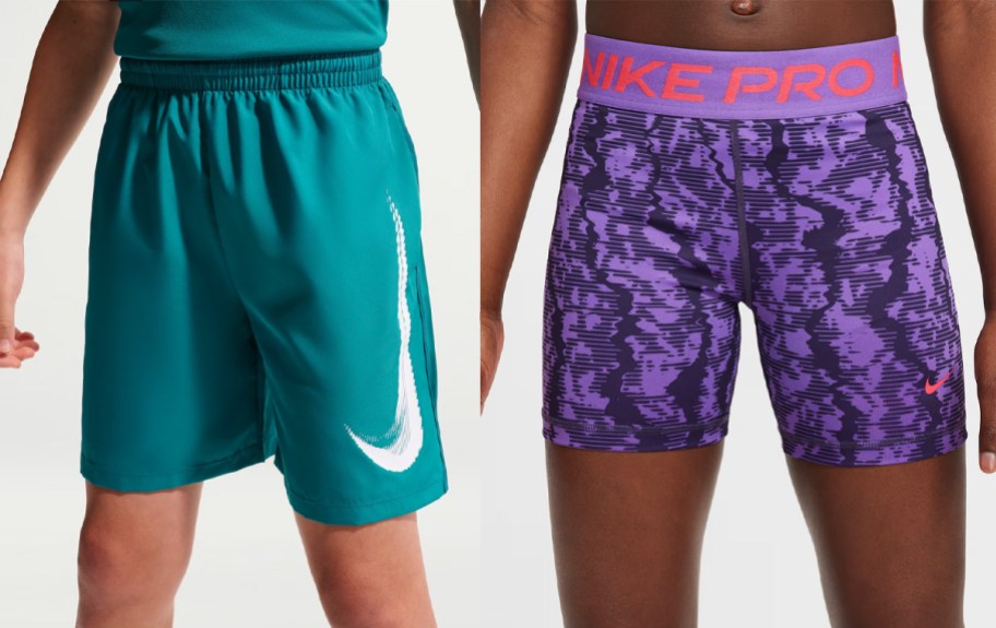 kids wearing teal and purple shorts