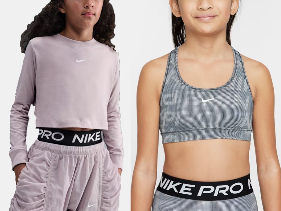 girls wearing purple long sleeve tee and gray sportsbra