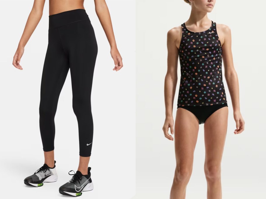 girls wearing black leggings and swimsuit