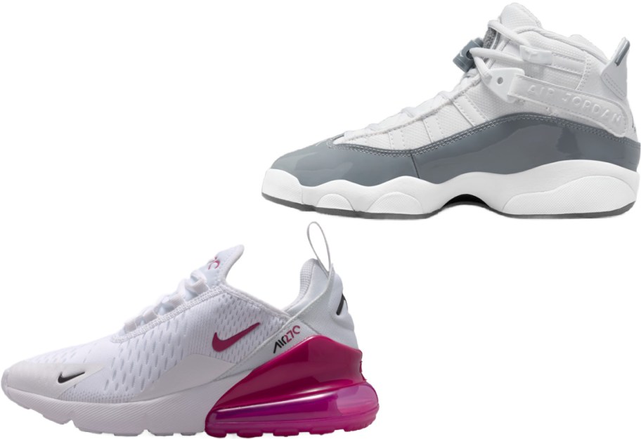 Two styles of footwear featuring a white and magenta Nike Air Max 270 running shoe alongside a white and gray high-top sneaker.