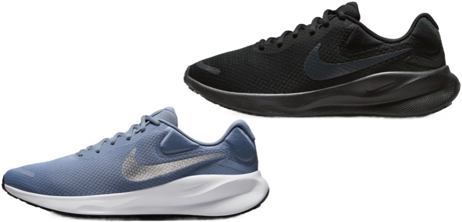 Two pairs of Nike running shoes, featuring a blueish-grey model with a silver swoosh and white sole on the bottom and an all-black model on top.