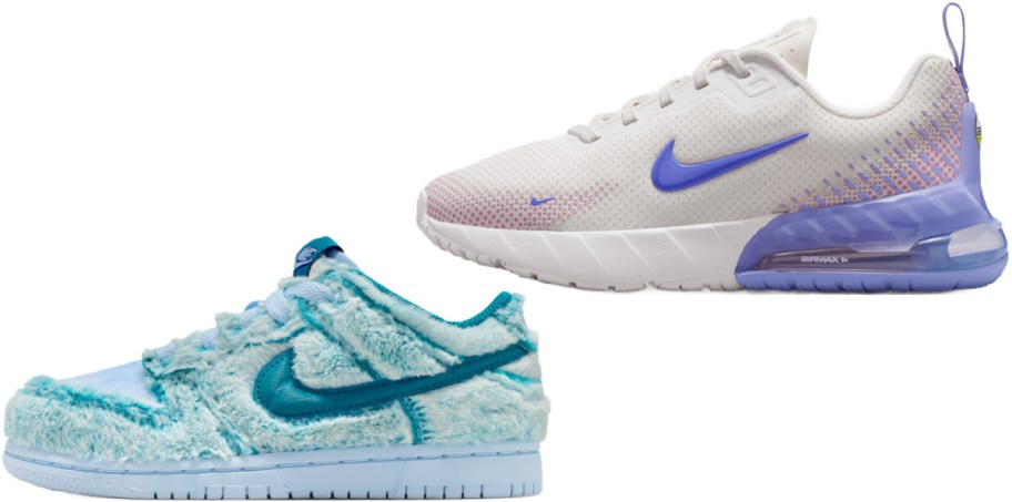 Two styles of Nike sneakers featuring a fuzzy blue low-top shoe and a white and purple Air Max running shoe with a blue swoosh.