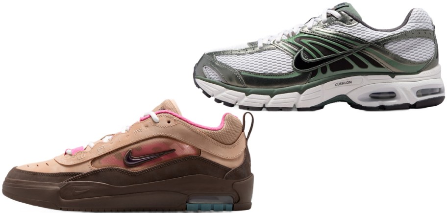 Two styles of Nike sneakers featuring a tan and brown low-top shoe with pink accents alongside a white, gray, and green athletic running shoe with Cushlon cushioning.