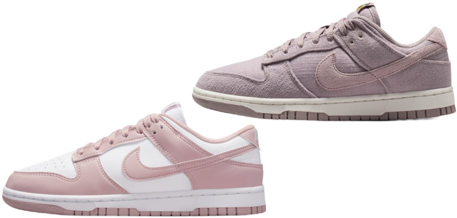 Two styles of pink Nike sneakers featuring a smooth leather white and pink low-top shoe alongside a textured dusty pink sneaker.