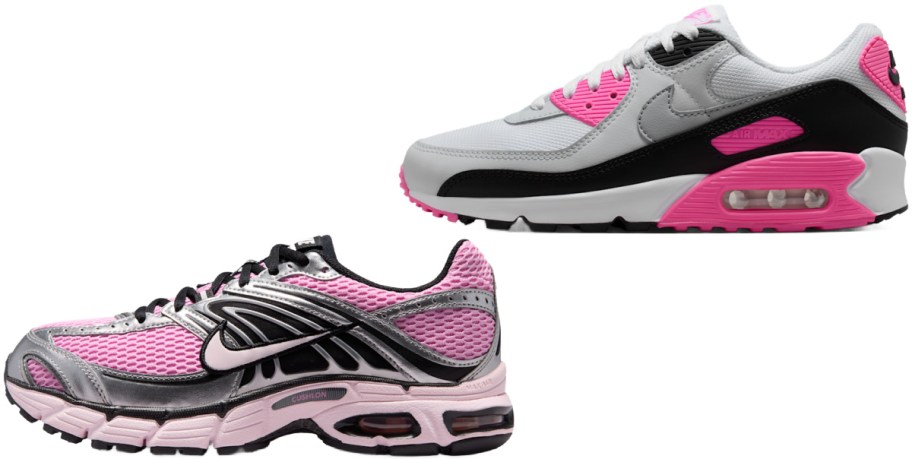 Two styles of pink and white Nike running shoes featuring an Air Max model with black and pink accents alongside a metallic silver and pink athletic sneaker.