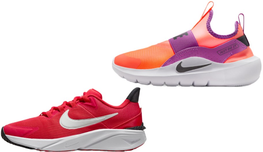 Two pairs of Nike athletic shoes, featuring a bright red laced running shoe with a white swoosh on the bottom and a vibrant orange and purple slip-on sneaker with a thick white sole on top.