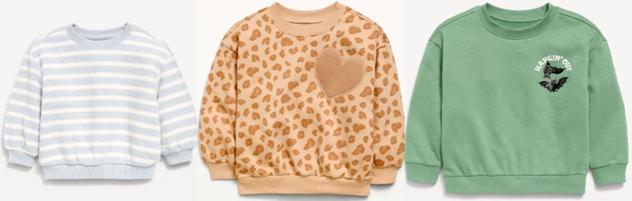 gray striped, orange leopard, and green bat sweatshirts
