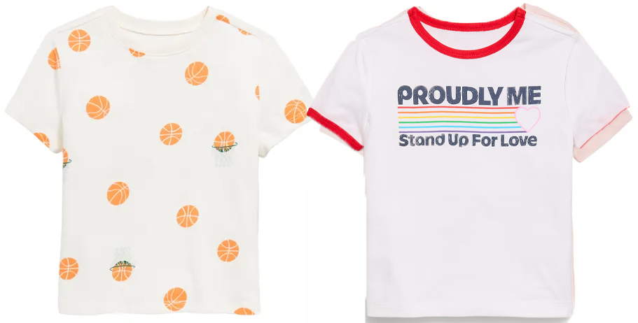 white tee with basketballs and rainbow on it 