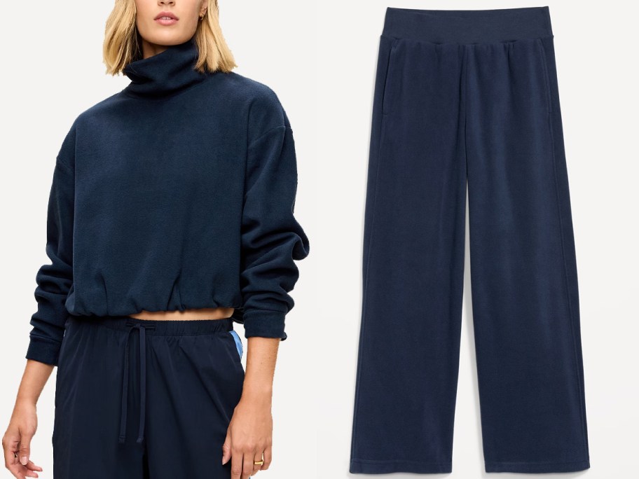 woman wearing blue pullover and blue pants 