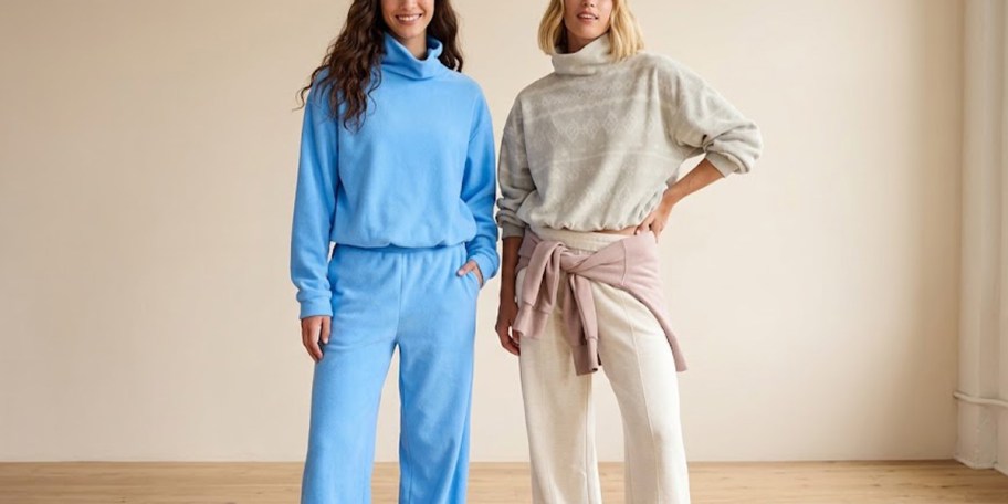 women wearing blue and tan pants and top 